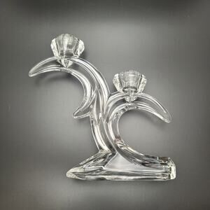 Vintage Clear Glass Double Candle Holder Half Moon Arc Celestial MCM Decor
